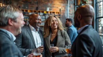 Photo of people mingling with drinks at a dental meeting